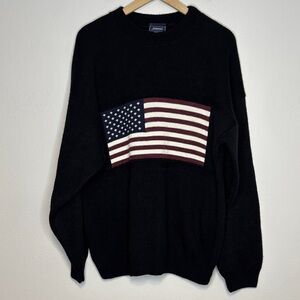 Vintage XL American Flag Knit Pullover Crewneck Sweater Black USA Made